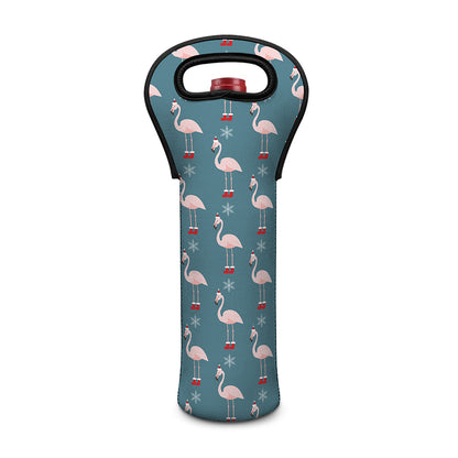 Christmas Snowy Flamingo Pattern Print Single Neoprene Wine Tote