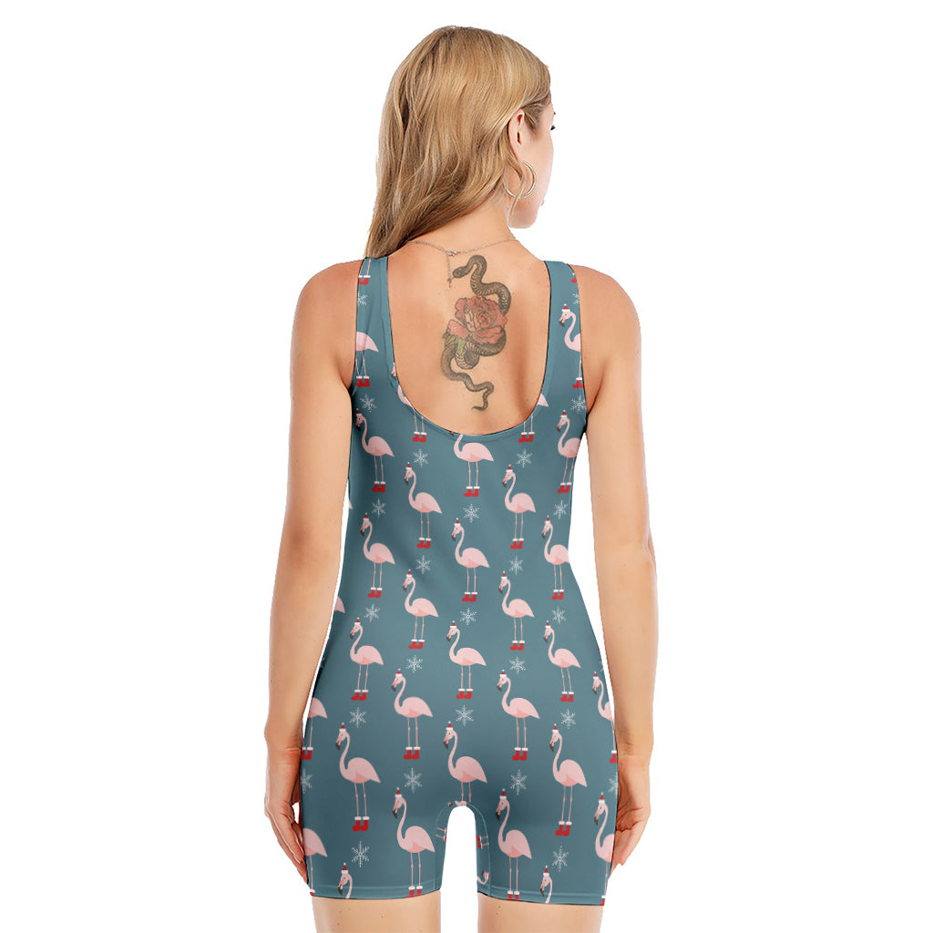 Christmas Snowy Flamingo Pattern Print Sleeveless One Piece Swimsuit