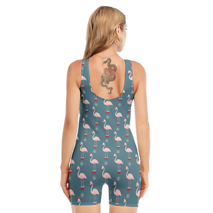Christmas Snowy Flamingo Pattern Print Sleeveless One Piece Swimsuit
