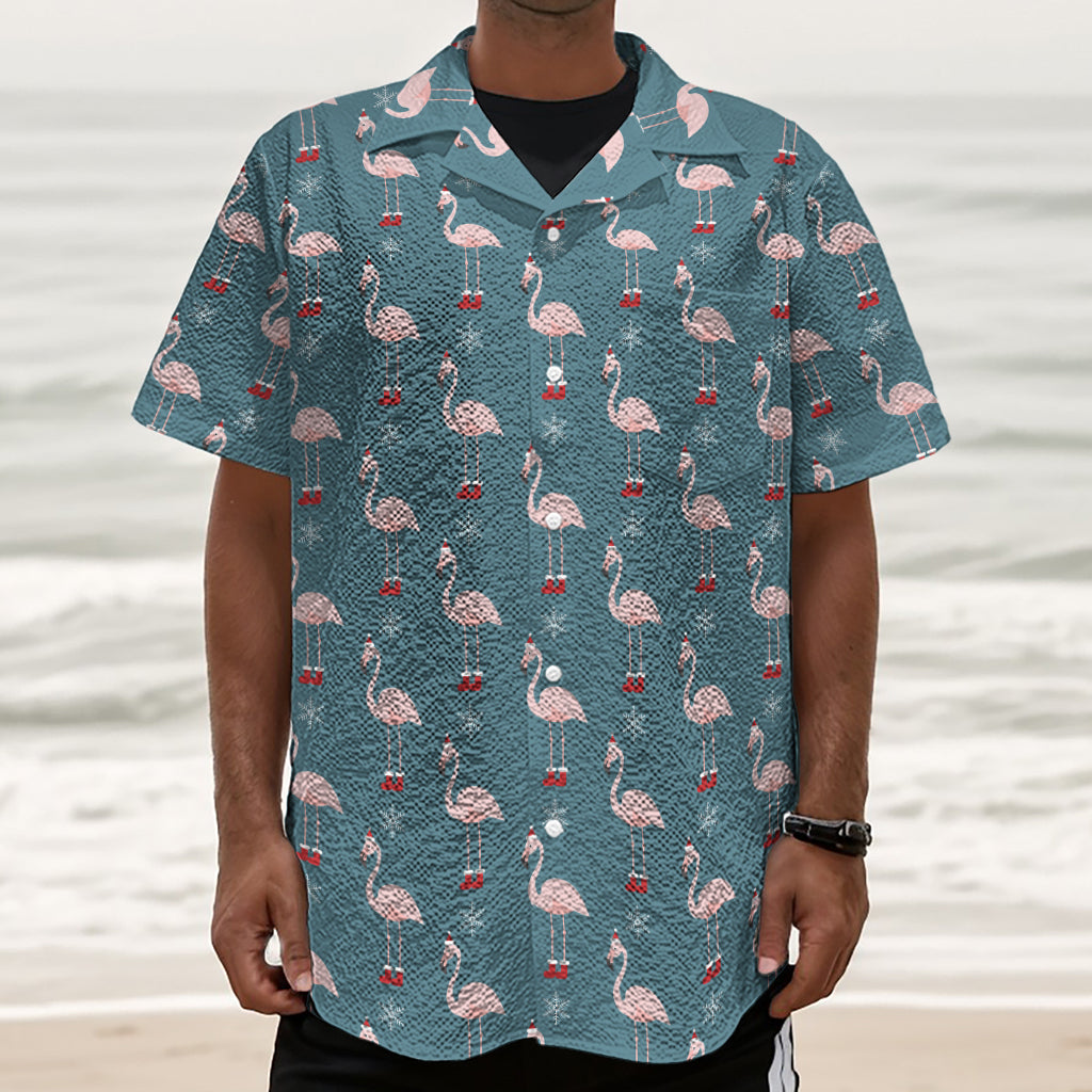 Christmas Snowy Flamingo Pattern Print Textured Short Sleeve Shirt