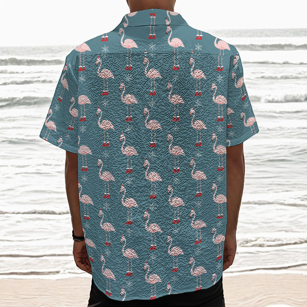 Christmas Snowy Flamingo Pattern Print Textured Short Sleeve Shirt