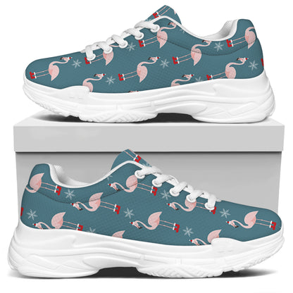 Christmas Snowy Flamingo Pattern Print White Chunky Shoes