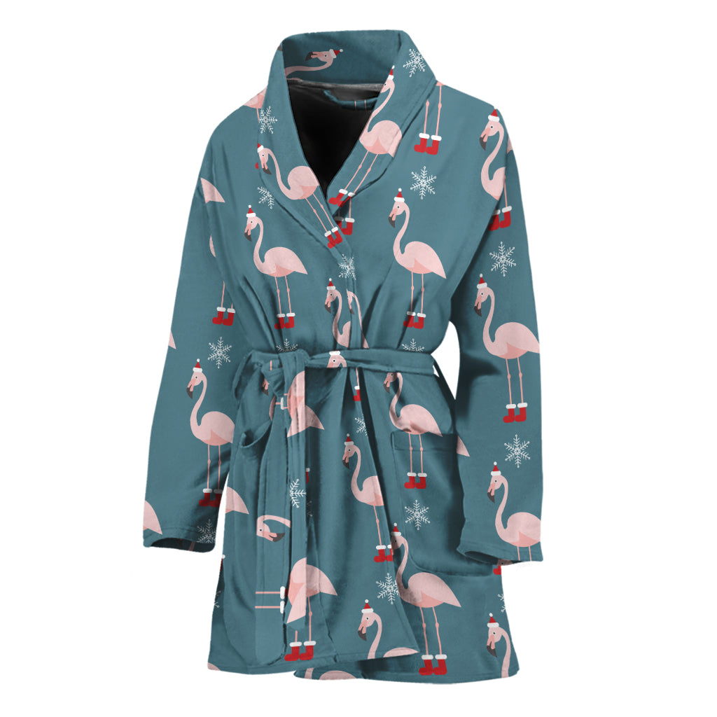 Christmas Snowy Flamingo Pattern Print Women's Bathrobe