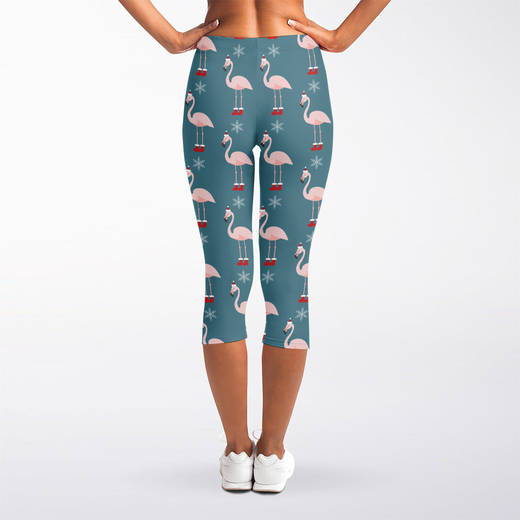 Christmas Snowy Flamingo Pattern Print Women's Capri Leggings