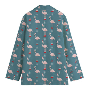 Christmas Snowy Flamingo Pattern Print Women's Cotton Blazer