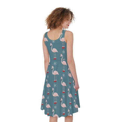 Christmas Snowy Flamingo Pattern Print Women's Sleeveless Dress