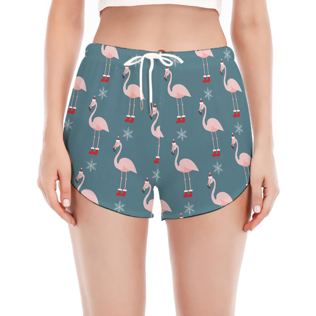 Christmas Snowy Flamingo Pattern Print Women's Split Running Shorts