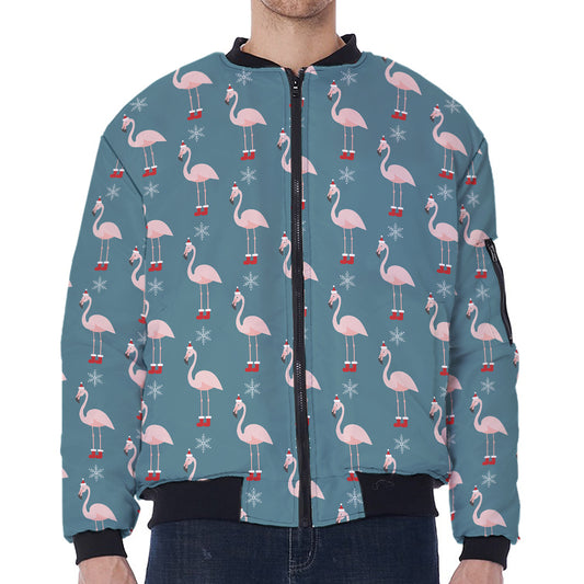 Christmas Snowy Flamingo Pattern Print Zip Sleeve Bomber Jacket