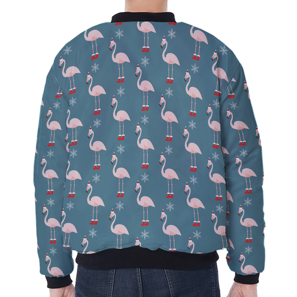Christmas Snowy Flamingo Pattern Print Zip Sleeve Bomber Jacket