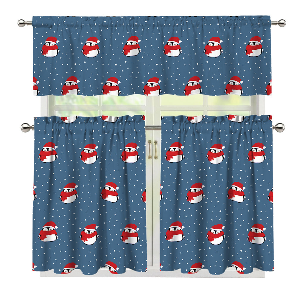 Christmas Snowy Penguin Pattern Print 3 Piece Kitchen Curtains