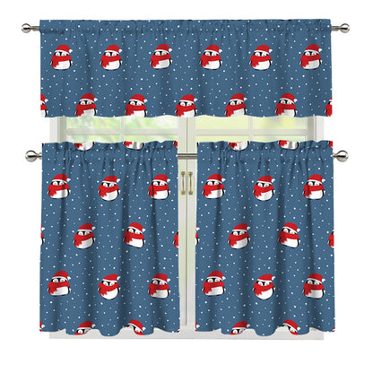 Christmas Snowy Penguin Pattern Print 3 Piece Kitchen Curtains