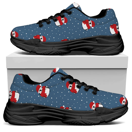 Christmas Snowy Penguin Pattern Print Black Chunky Shoes