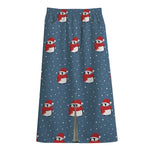 Christmas Snowy Penguin Pattern Print Cotton Front Slit Maxi Skirt