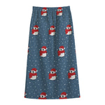 Christmas Snowy Penguin Pattern Print Cotton Front Slit Maxi Skirt