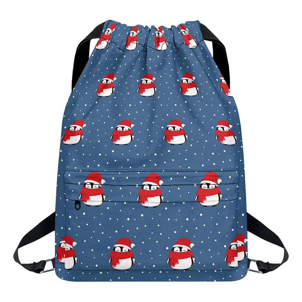 Christmas Snowy Penguin Pattern Print Drawstring Backpack