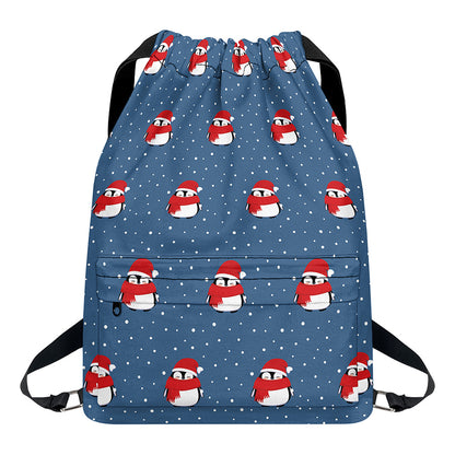 Christmas Snowy Penguin Pattern Print Drawstring Backpack