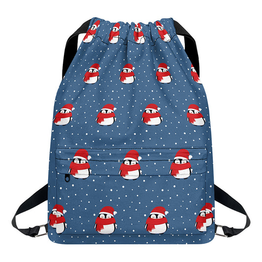 Christmas Snowy Penguin Pattern Print Drawstring Backpack