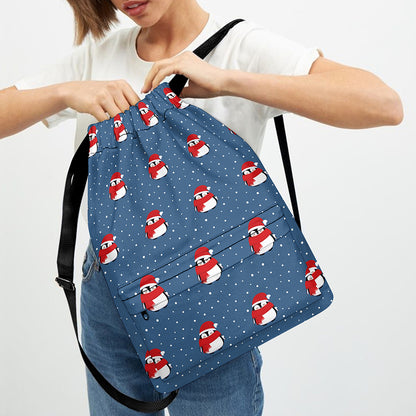 Christmas Snowy Penguin Pattern Print Drawstring Backpack