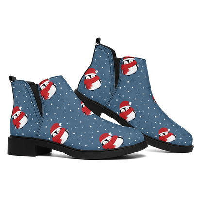 Christmas Snowy Penguin Pattern Print Flat Ankle Boots
