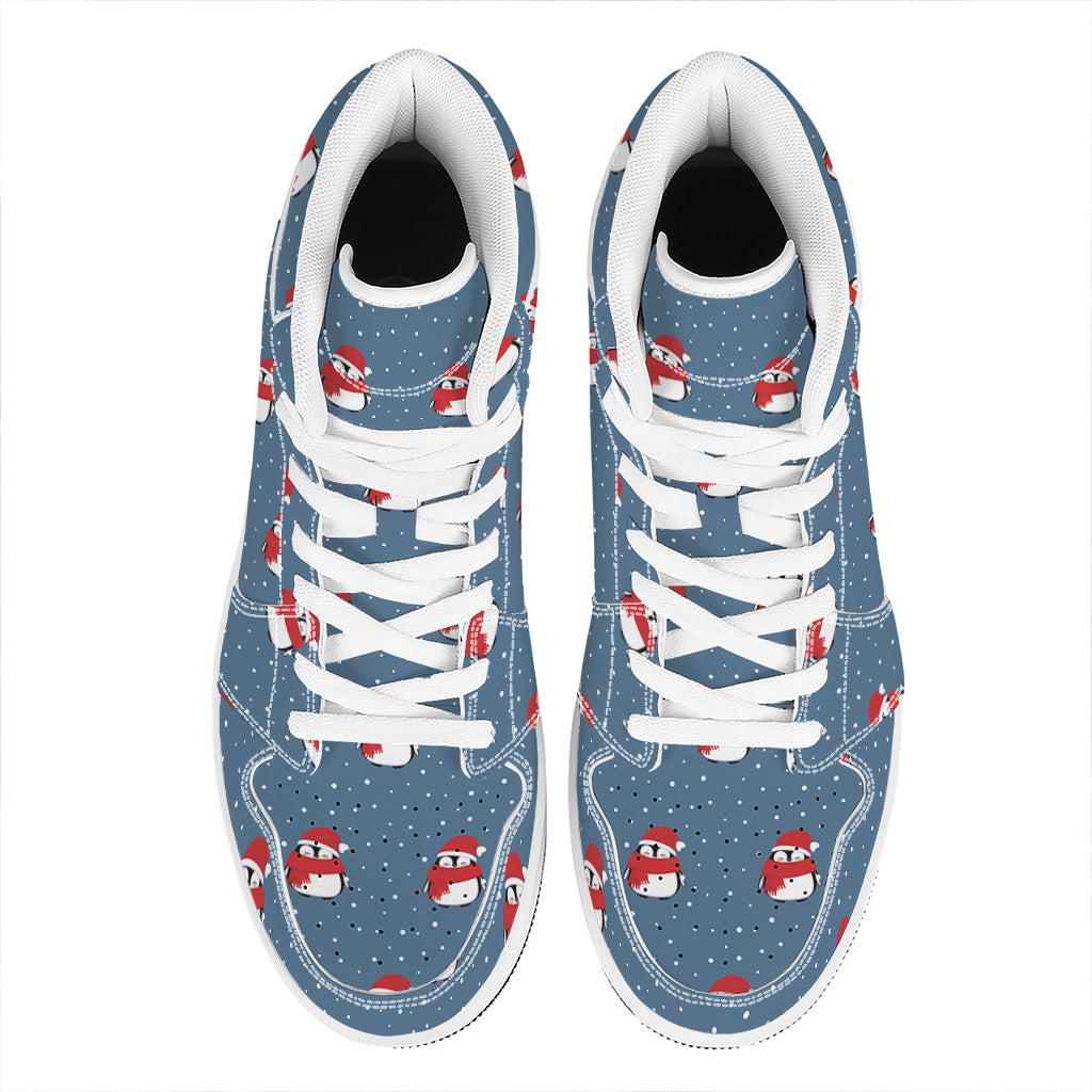 Christmas Snowy Penguin Pattern Print High Top Leather Sneakers