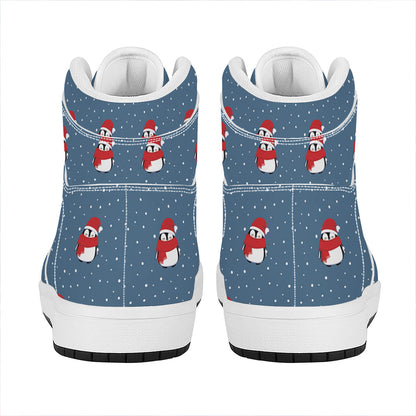 Christmas Snowy Penguin Pattern Print High Top Leather Sneakers