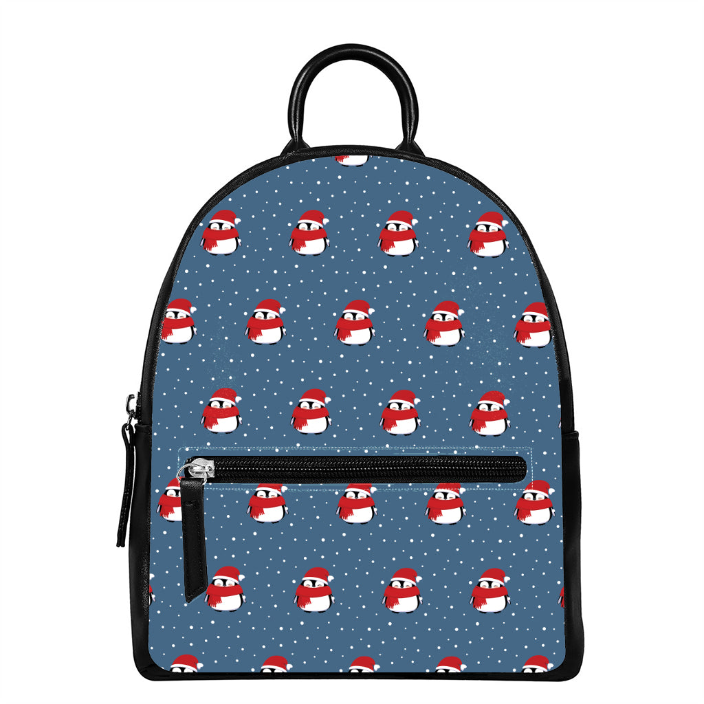Christmas Snowy Penguin Pattern Print Leather Backpack