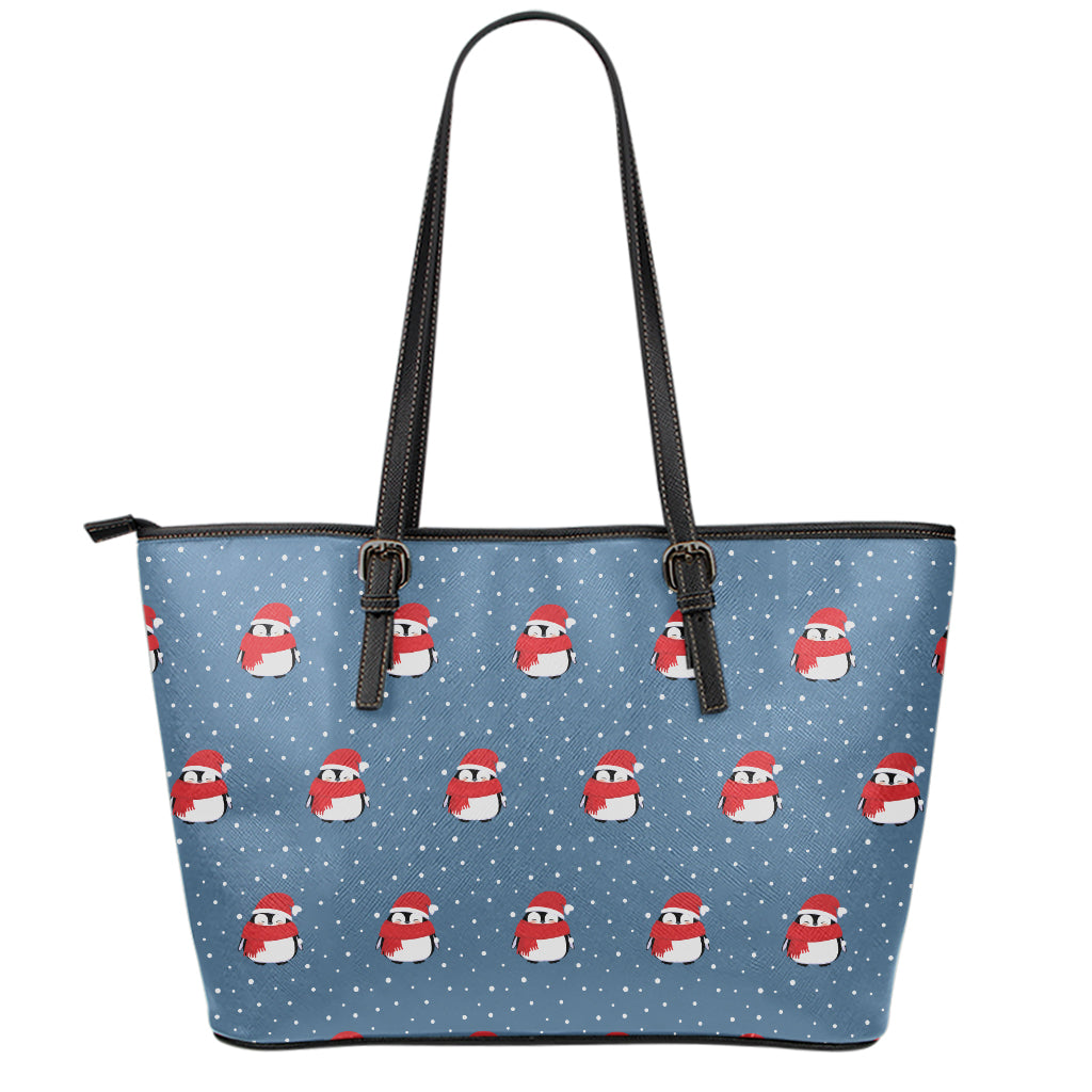 Christmas Snowy Penguin Pattern Print Leather Tote Bag
