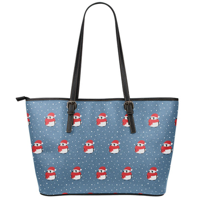 Christmas Snowy Penguin Pattern Print Leather Tote Bag