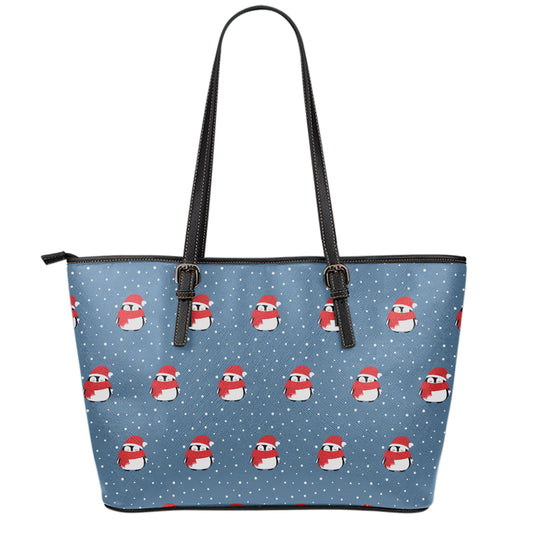 Christmas Snowy Penguin Pattern Print Leather Tote Bag