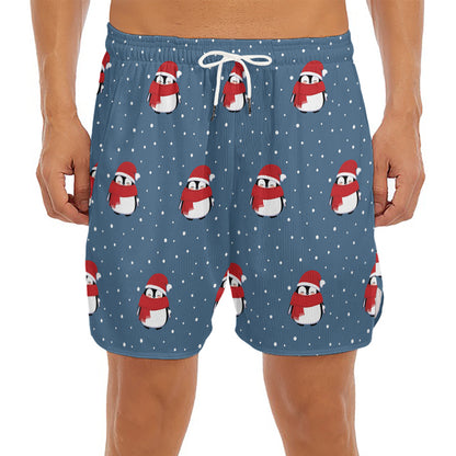 Christmas Snowy Penguin Pattern Print Men's Split Running Shorts
