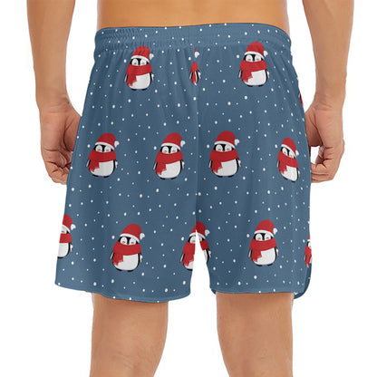 Christmas Snowy Penguin Pattern Print Men's Split Running Shorts