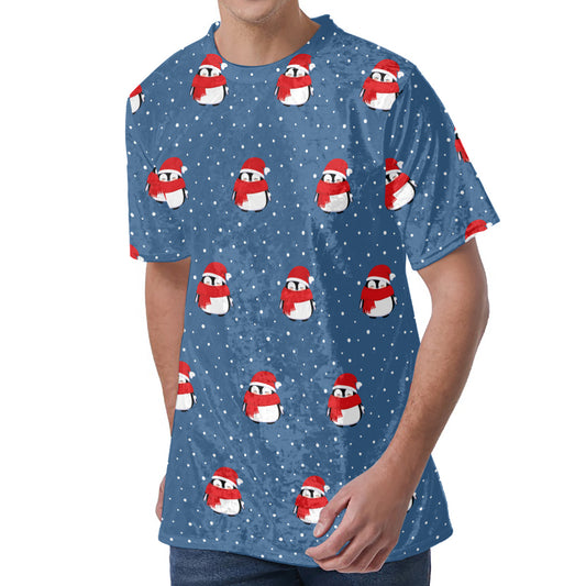 Christmas Snowy Penguin Pattern Print Men's Velvet T-Shirt