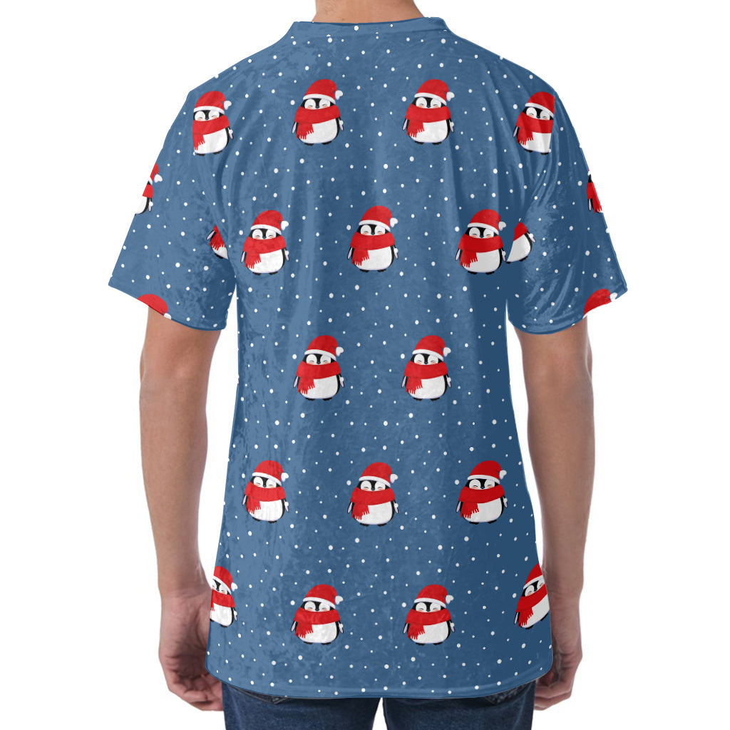 Christmas Snowy Penguin Pattern Print Men's Velvet T-Shirt