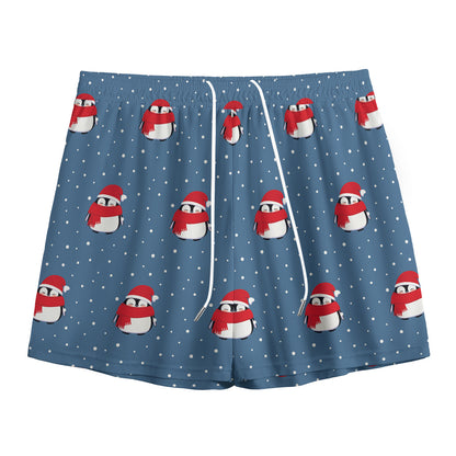 Christmas Snowy Penguin Pattern Print Mesh Shorts
