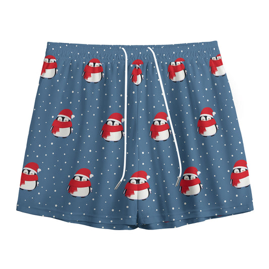Christmas Snowy Penguin Pattern Print Mesh Shorts