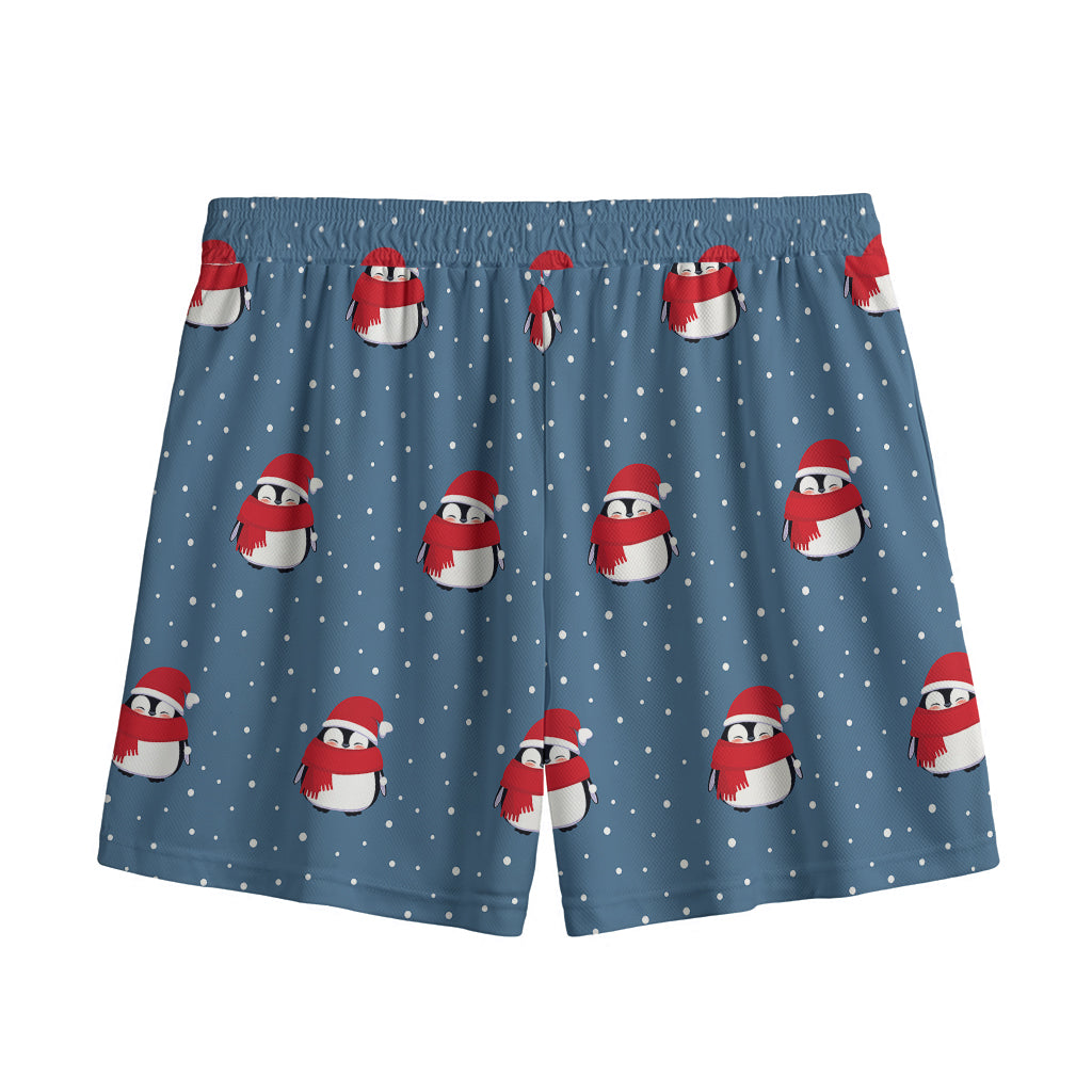 Christmas Snowy Penguin Pattern Print Mesh Shorts