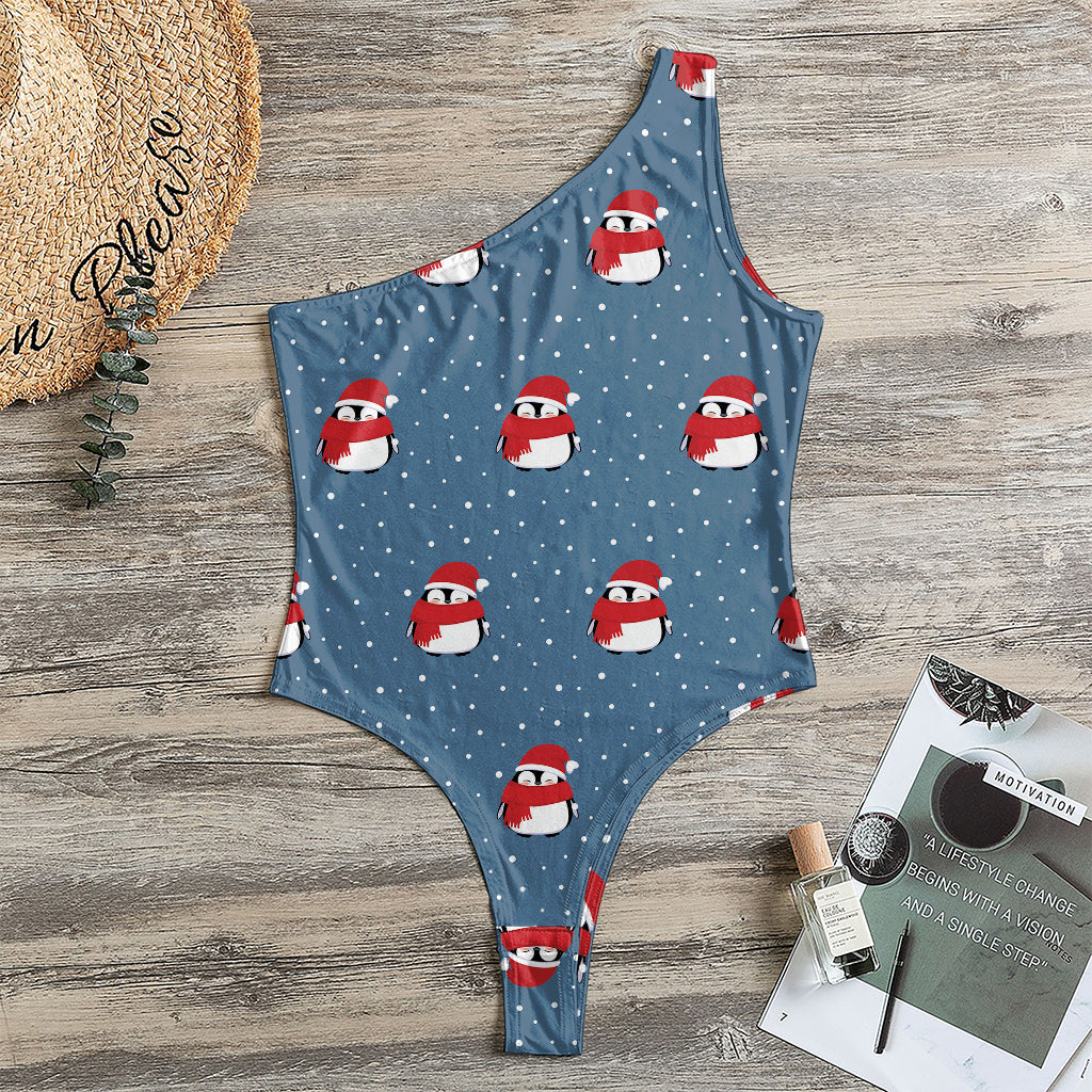 Christmas Snowy Penguin Pattern Print One Shoulder Bodysuit