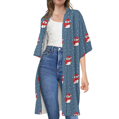 Christmas Snowy Penguin Pattern Print Open Front Beach Cover Up