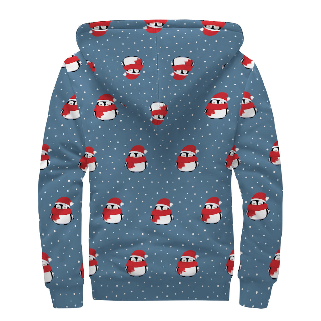 Christmas Snowy Penguin Pattern Print Sherpa Lined Zip Up Hoodie