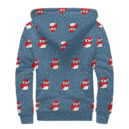 Christmas Snowy Penguin Pattern Print Sherpa Lined Zip Up Hoodie