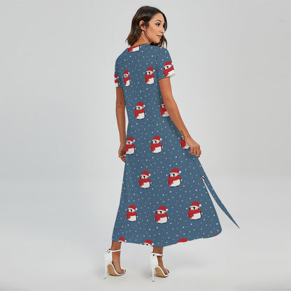 Christmas Snowy Penguin Pattern Print Short Sleeve Maxi Dress