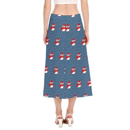 Christmas Snowy Penguin Pattern Print Side Slit Midi Skirt