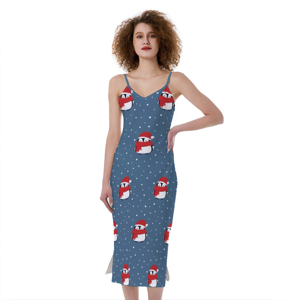 Christmas Snowy Penguin Pattern Print Slim Fit Midi Cami Dress