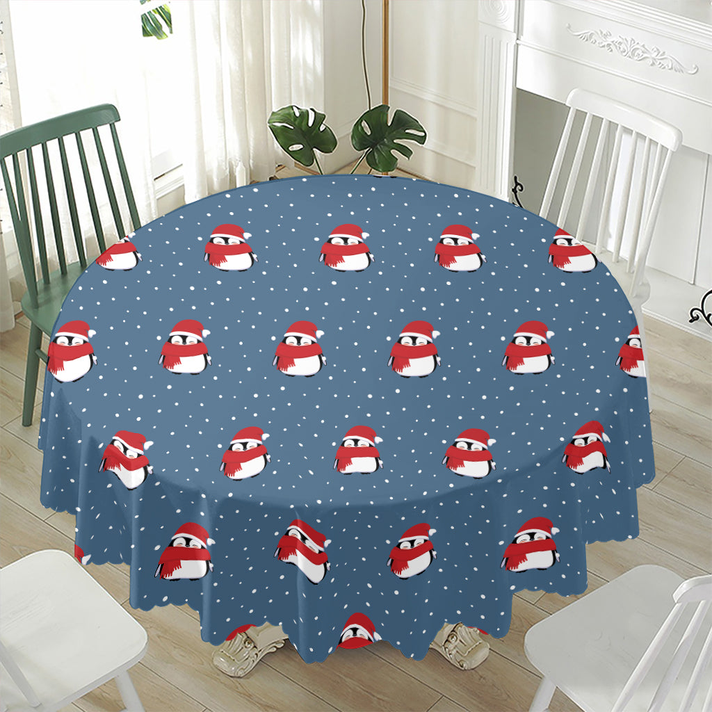 Christmas Snowy Penguin Pattern Print Waterproof Round Tablecloth