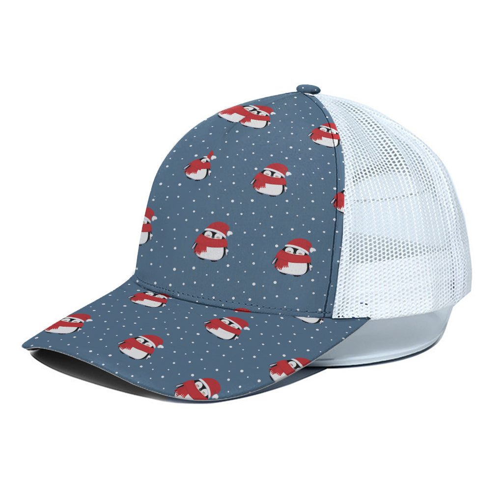 Christmas Snowy Penguin Pattern Print White Mesh Trucker Cap