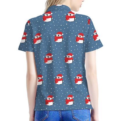 Christmas Snowy Penguin Pattern Print Women's Polo Shirt