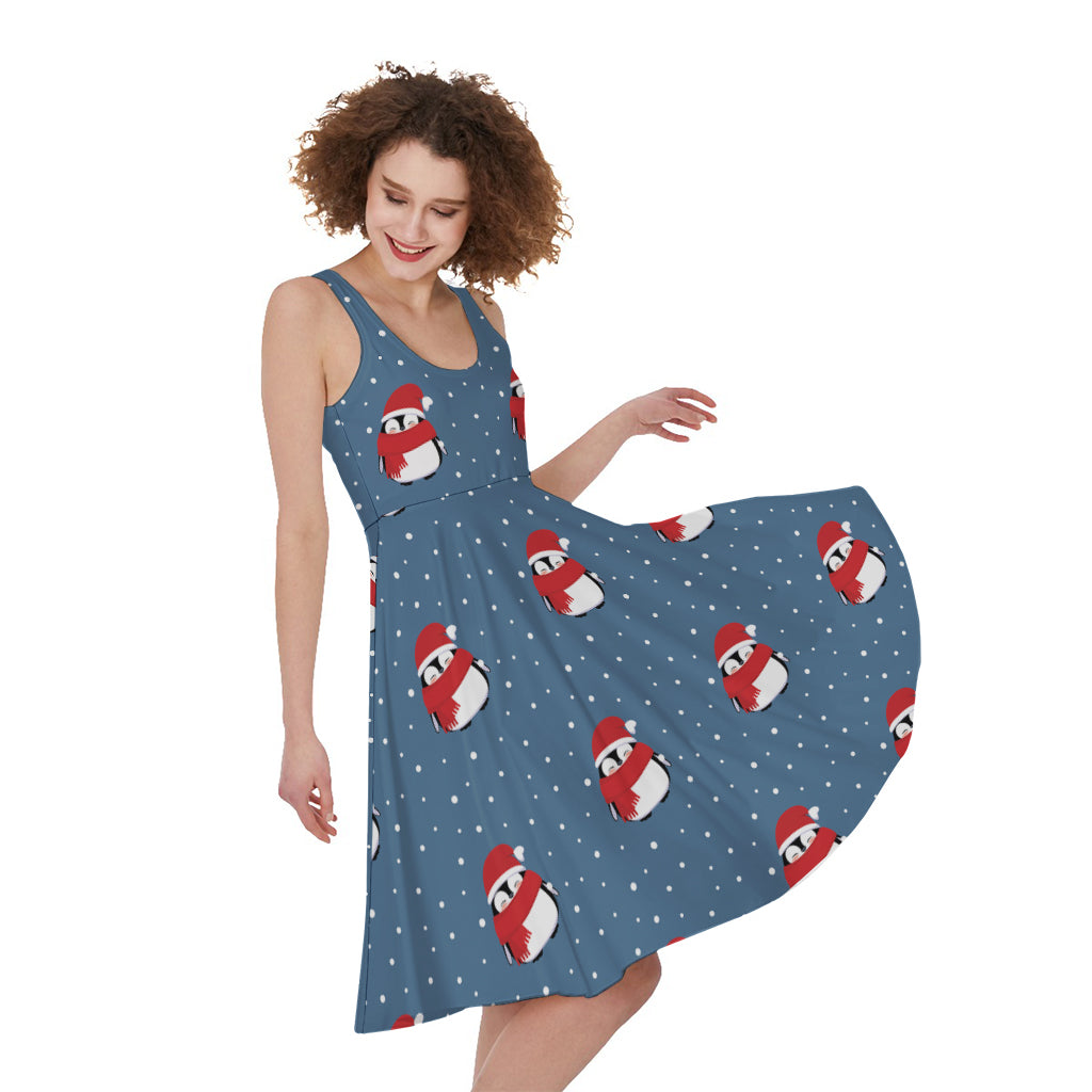 Christmas Snowy Penguin Pattern Print Women's Sleeveless Dress