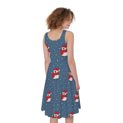 Christmas Snowy Penguin Pattern Print Women's Sleeveless Dress