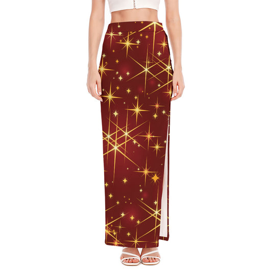 Christmas Sparkle Print High Slit Maxi Skirt