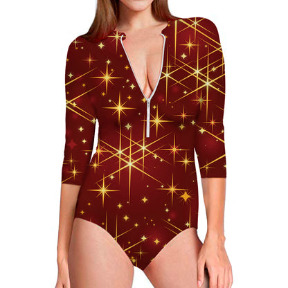 Christmas Sparkle Print Long Sleeve Swimsuit
